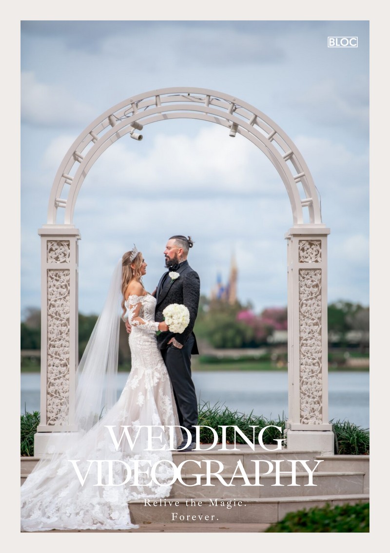 BLOC wedding videography guide cover, featuring a couple beneath a wedding arch